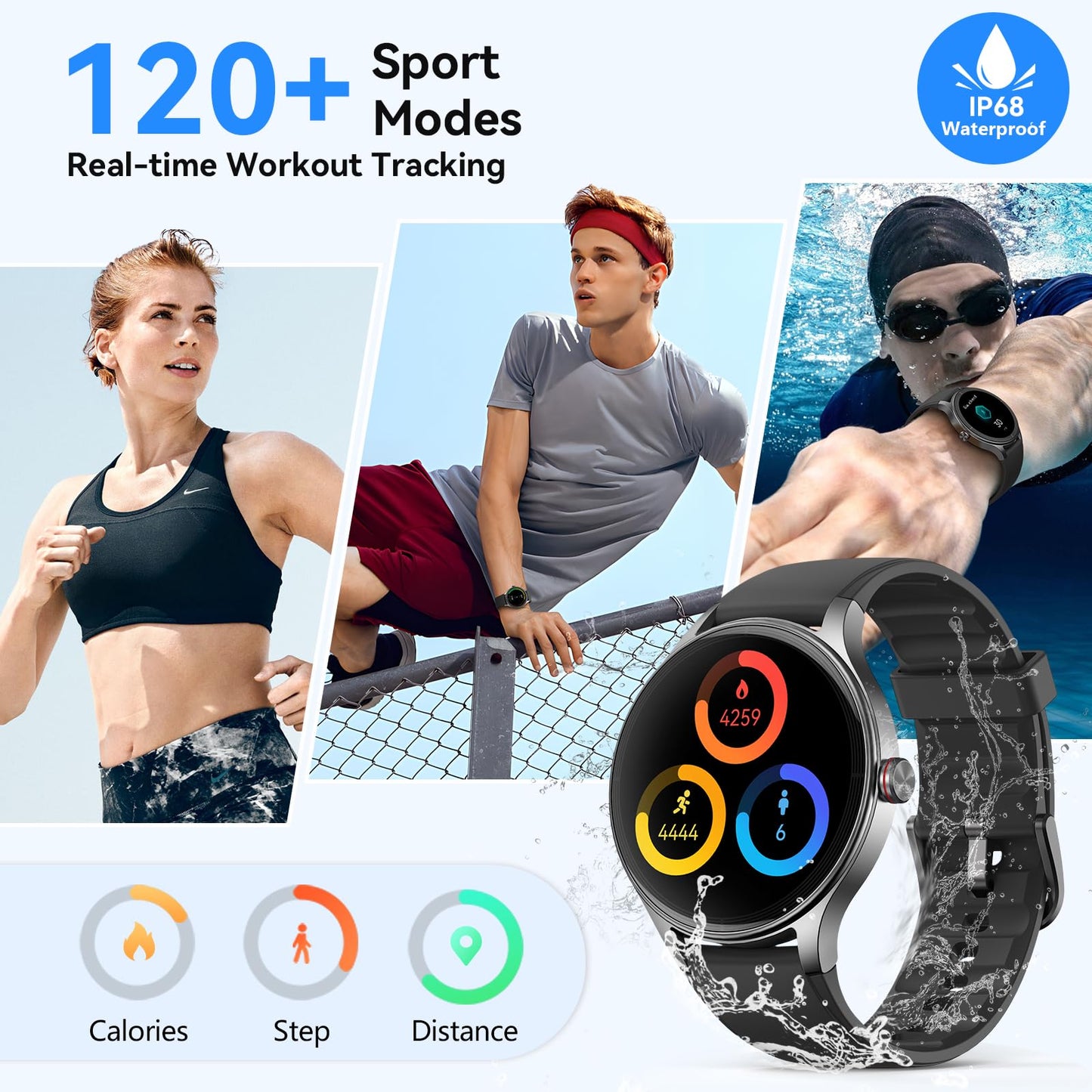 Fitpolo Smart Watches for Men/Women (2 Bands), 1.27" Round Smartwatch Fitness Tracker with Bluetooth Calls (Make/Answer), Heart Rate/SpO2/Sleep Monitor, 7 Days Battery, IP68 Waterproof - Black