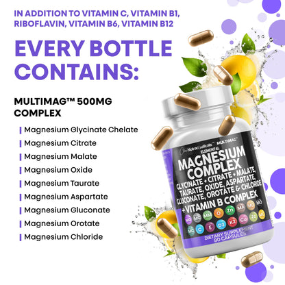 Clean Nutraceuticals Magnesium Complex with Magnesium Glycinate Citrate Malate Oxide Taurate Aspartate Orotate & Mag Chloride, Zinc Copper Manganese & Vitamin C B1 B2 B6 B12 Complex - 1Pack