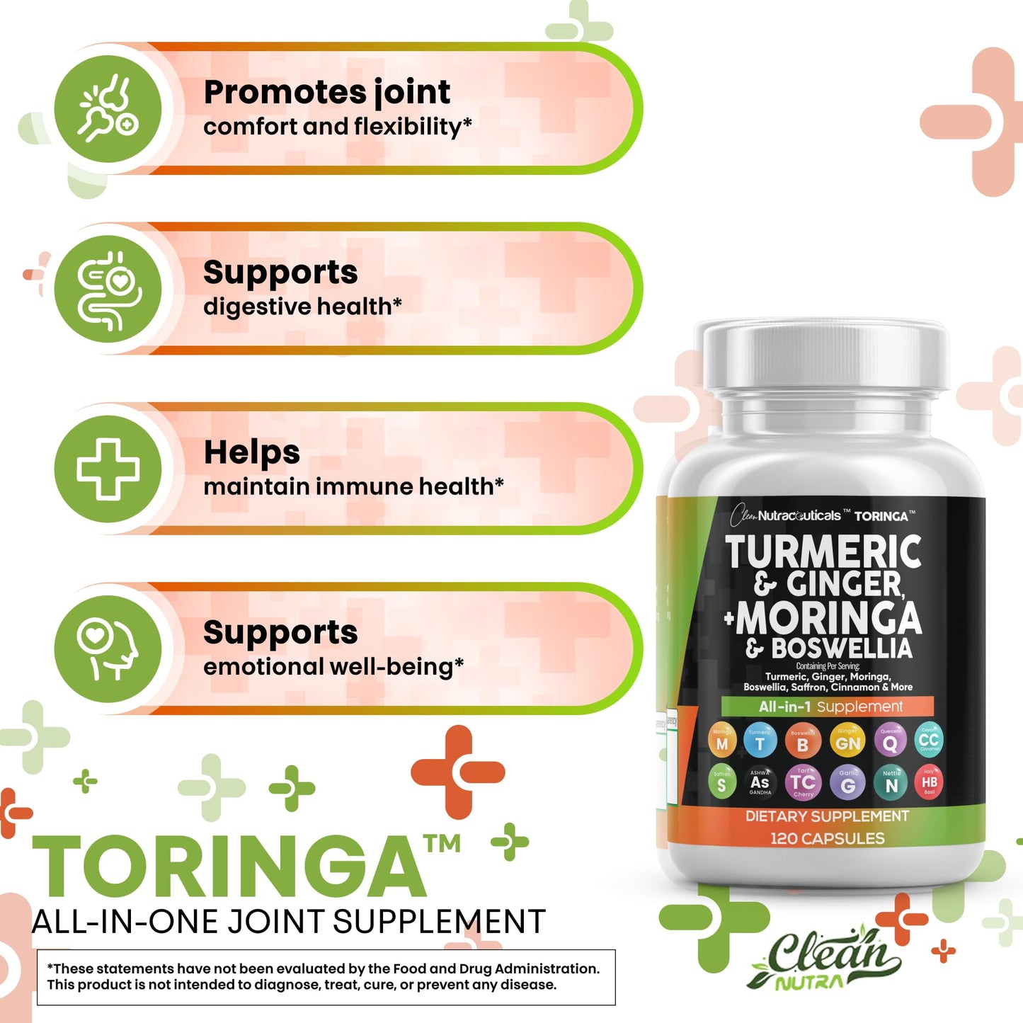 Turmeric Moringa Supplement | Ginger Boswellia Saffron - Supplement for Women and Men with Ceylon Cinnamon, Tart Cherry, Quercetin Garlic Nettle Holy Basil - 1Pack