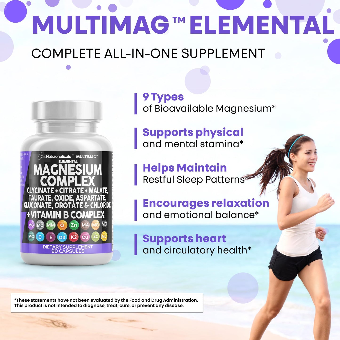 Clean Nutraceuticals Magnesium Complex with Magnesium Glycinate Citrate Malate Oxide Taurate Aspartate Orotate & Mag Chloride, Zinc Copper Manganese & Vitamin C B1 B2 B6 B12 Complex - 1Pack