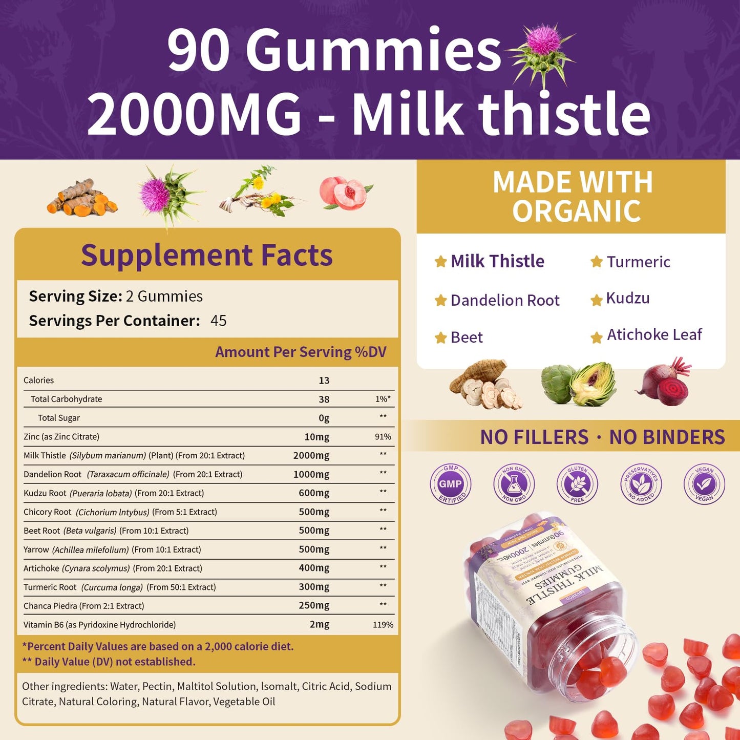 Milk Thistle Gummies with 2000MG Extract, Liver Health Support Gummies, Silymarin Milk Thistle Supplement with Artichoke, Dandelion, Turmeric Curcumin, No Sugar, for Adults, Vegan, 90 Count