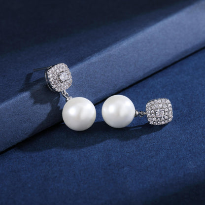 Shell Pearl Earrings White Sterling Silver Dangling Drop with Velvet Gift Box