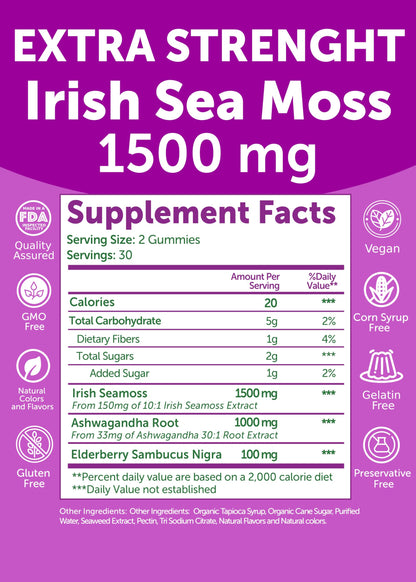 Sea Moss Gummies with Ashwagandha & Elderberry – Delicious Immune & Stress Support Supplement for Men & Women, 60ct