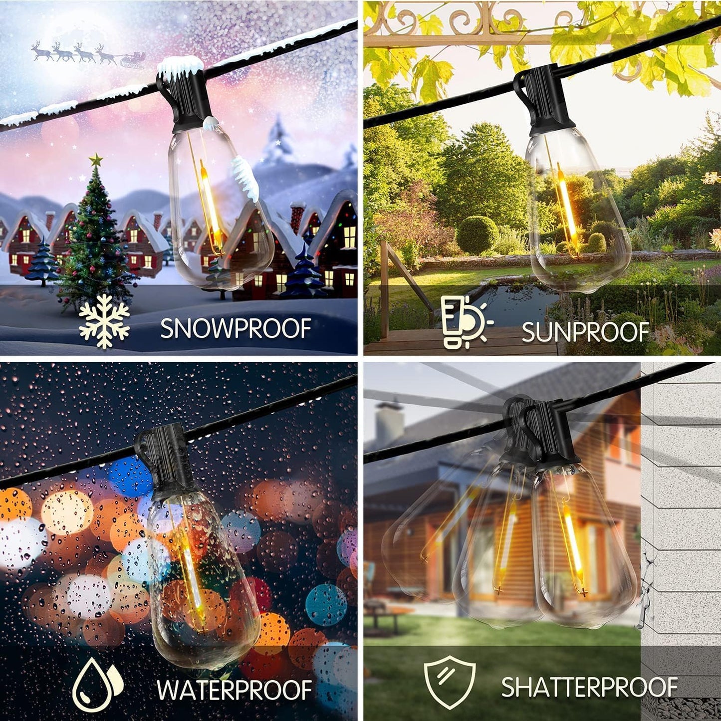 Outdoor String Lights Waterproof LED Edison Outside Lights, 2200K 34 Shatterproof ST38 Bulbs, Hanging Umbrella Lite for Garden Camping Patio Porch Backyard Deck Balcony