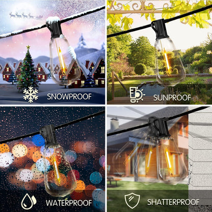 Outdoor String Lights Waterproof LED Edison Outside Lights, 2200K 34 Shatterproof ST38 Bulbs, Hanging Umbrella Lite for Garden Camping Patio Porch Backyard Deck Balcony