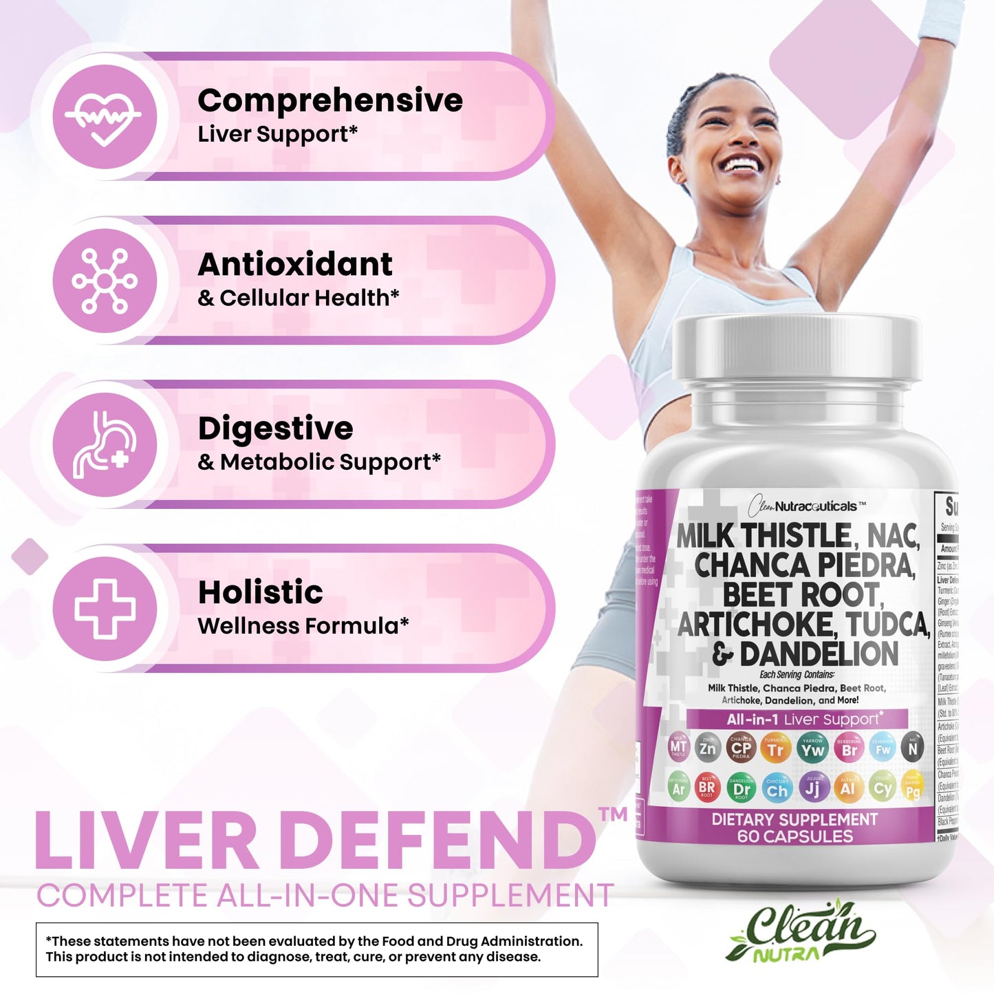 Clean Nutraceuticals Milk Thistle NAC Chanca Piedra Beet Root Artichoke Dandelion Root - Liver Cleanse Detox & Repair Supplement Plus TUDCA Choline & Ginger 60 Count