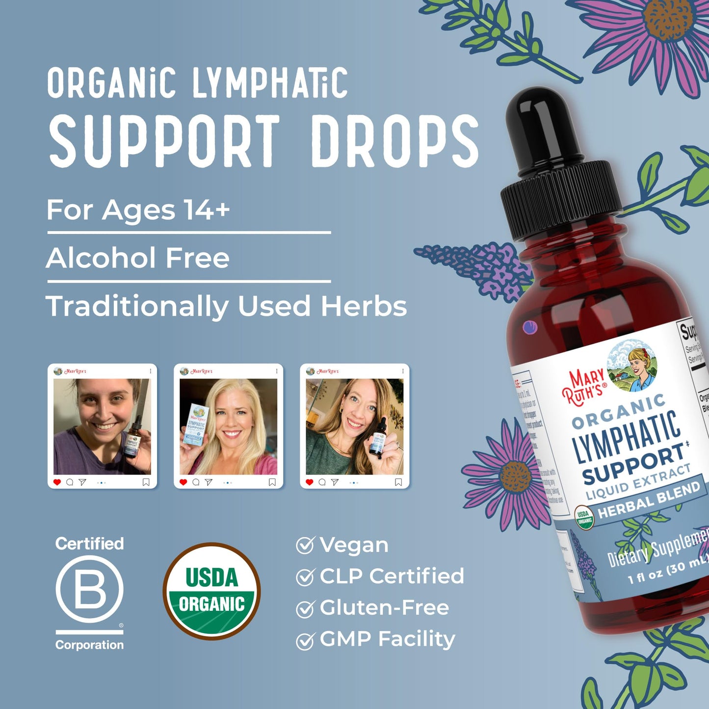 MaryRuth Organics Lymphatic Support Drops | USDA Organic Lymphatic Cleanse Immune Support Supplement| Lymphatic Support with Echinacea & Elderberry | Blue Vervain | Vegan | Non-GMO | 30 Servings