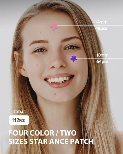 Acne Patches 112 Dots, Star Pimple Patches Hydrocolloid Acne Patches for Face Cute Zit Patches Pimple Stickers Acne Dots - Purple, Blue, Pink and Yellow