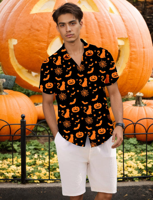 Men's Halloween Shirt Fun Pumpkins Printed Tshirt Short Sleeve Button Down Hawaiian Holiday Shirts