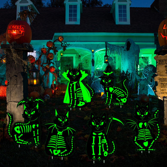 Halloween Black Cat Yard Stake Outdoor Decoration, 16.5”×12.6” 6Pcs Waterproof Halloween Yard Stake Glow in the Dark Decor for Porch, Party and Graveyard, Scary Halloween Cat Sign