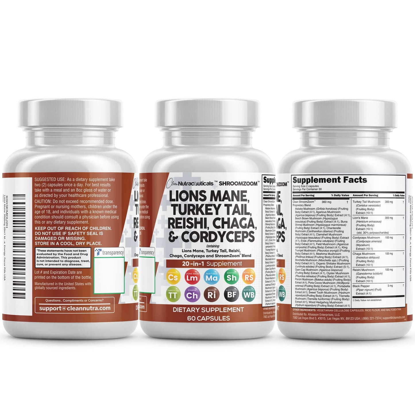 Clean Nutraceuticals Lions Mane 20in1 Mushroom Supplement with Turkey Tail Reishi Cordyceps Chaga Maitake Meshima Poria Cocos Shiitake Oyster Porcini Enoki - 1 Pack