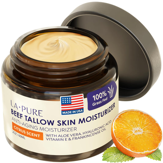 Beef Tallow for Skin, Grass-Fed Tallow Face Cream with Hyaluronic Acid, Aloe Vera & Frankincense, Non-Greasy Anti-Aging Moisturizer, Citrus Scent, 2 oz