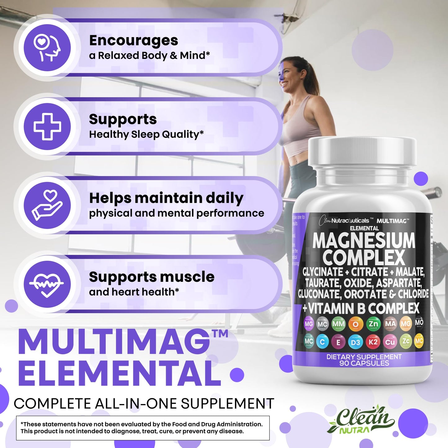 Clean Nutraceuticals Magnesium Complex with Magnesium Glycinate Citrate Malate Oxide Taurate Aspartate Orotate & Mag Chloride, Zinc Copper Manganese & Vitamin C B1 B2 B6 B12 Complex - 1Pack