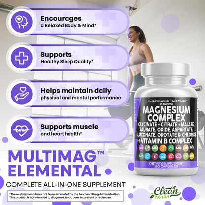 Clean Nutraceuticals Magnesium Complex with Magnesium Glycinate Citrate Malate Oxide Taurate Aspartate Orotate & Mag Chloride, Zinc Copper Manganese & Vitamin C B1 B2 B6 B12 Complex - 1Pack