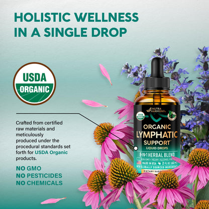 USDA Organic Lymphatic Drainage Supplement - Echinacea | Elderberry | Dandelion | Rosehip | Cleavers | Calendula | Burdock - Made in USA - Lymph System Drops - Immune Support, Cleanse & Detox, 2 fl oz