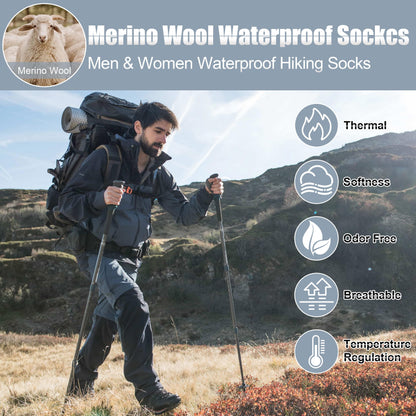 Wool Waterproof Socks, Cushioned & Moisture Wicking Waterproof Hiking Socks Unisex Breathable Wool Dry Quickly Socks for Womens Mens Hiking Running, 1 Pair, Large, Grey and Blue
